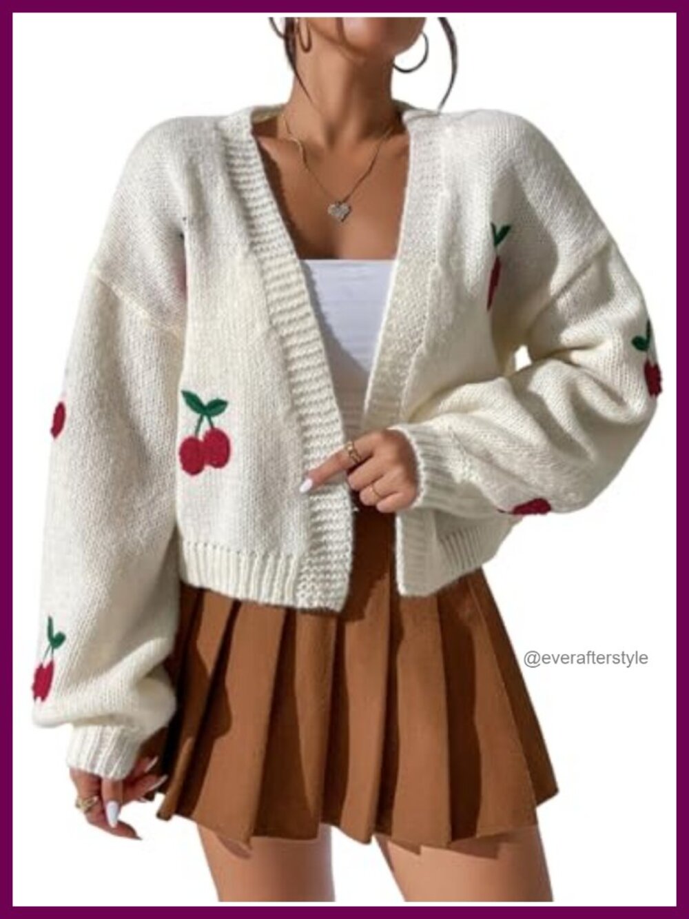 Women's Cherry Cropped Cardigan Chunky Knit Open Front Long Sleeve